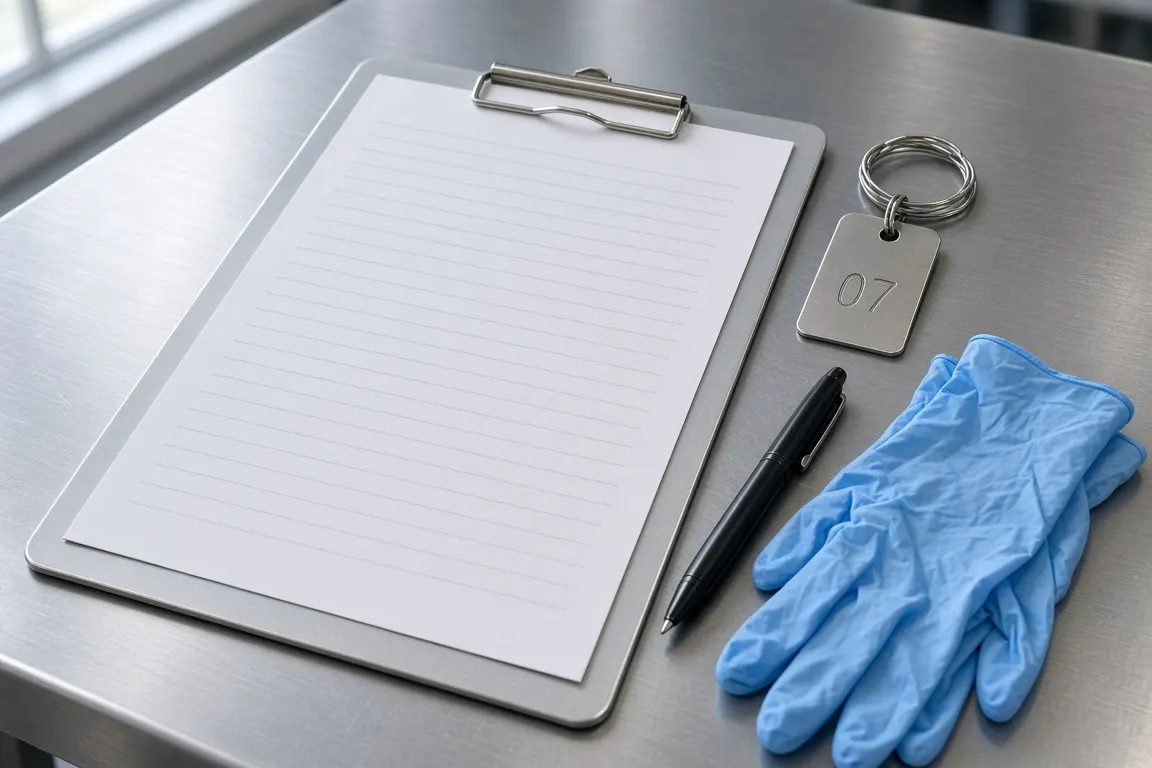 A clipboard with a hand-off form, a numbered stainless steel ID tag and a pen on a steel lab bench