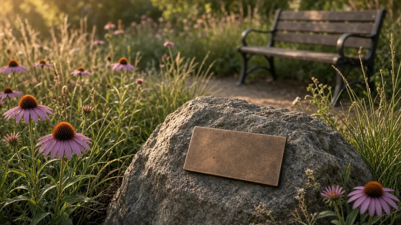 A small bronze plaque set among native grasses in a zoo garden, with a bench nearby in morning light